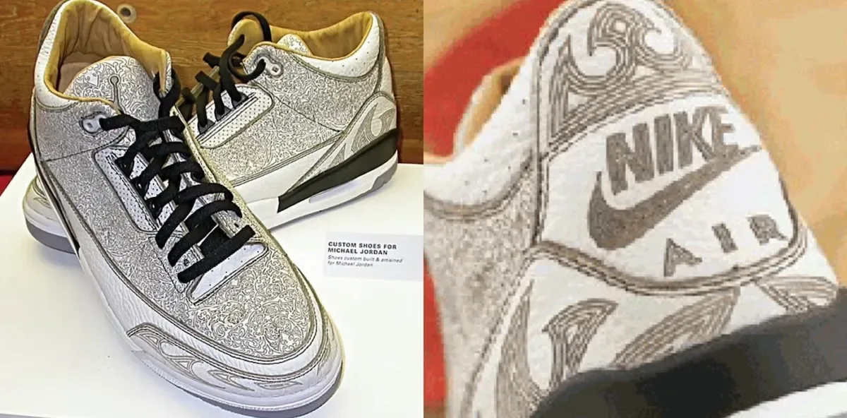 Air Jordan 3 “Laser” 8月22日市售,23年传奇PE首度公开,大象纹让位镭射叙事插图 Air Jordan 3 Laser PE designed for Michael Jordan’s 40th birthday in 2003, featuring intricate laser-etched details.