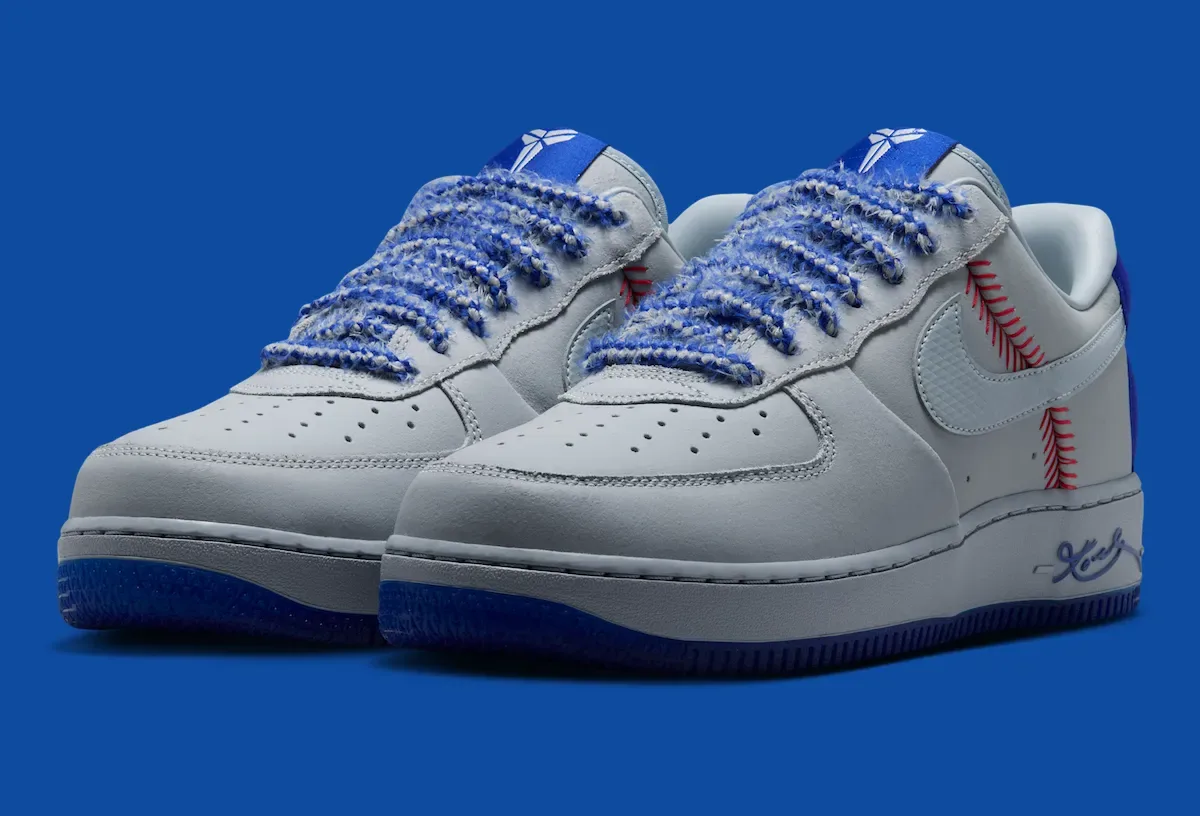 灰色皮革红色棒球缝线蛇纹Swoosh，Nike Kobe Air Force 1 Protro “Dodgers” 8月15日致敬洛杉矶