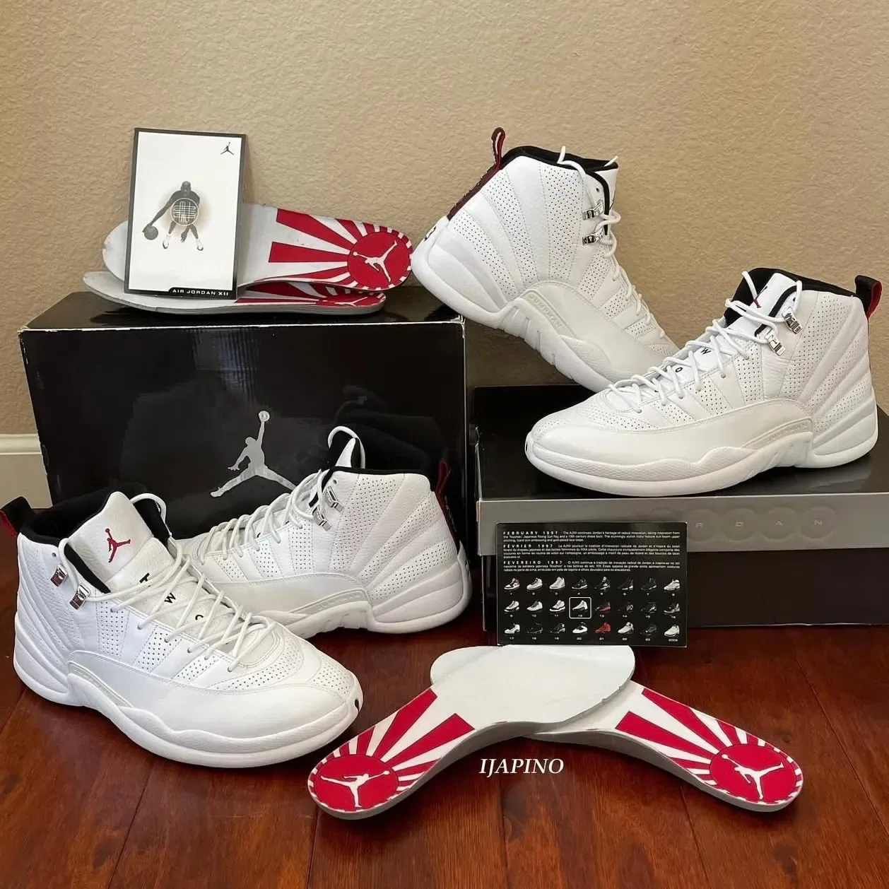 Air Jordan 12 “Rising Sun”内衬旭日旗图案引发的召回改版风波与十五年未复刻之谜:设计灵感还是历史禁忌,球鞋文化独家深度解析与收藏价值观察插图6 Air Jordan 12 Rising Sun 2009 with original box and insoles.