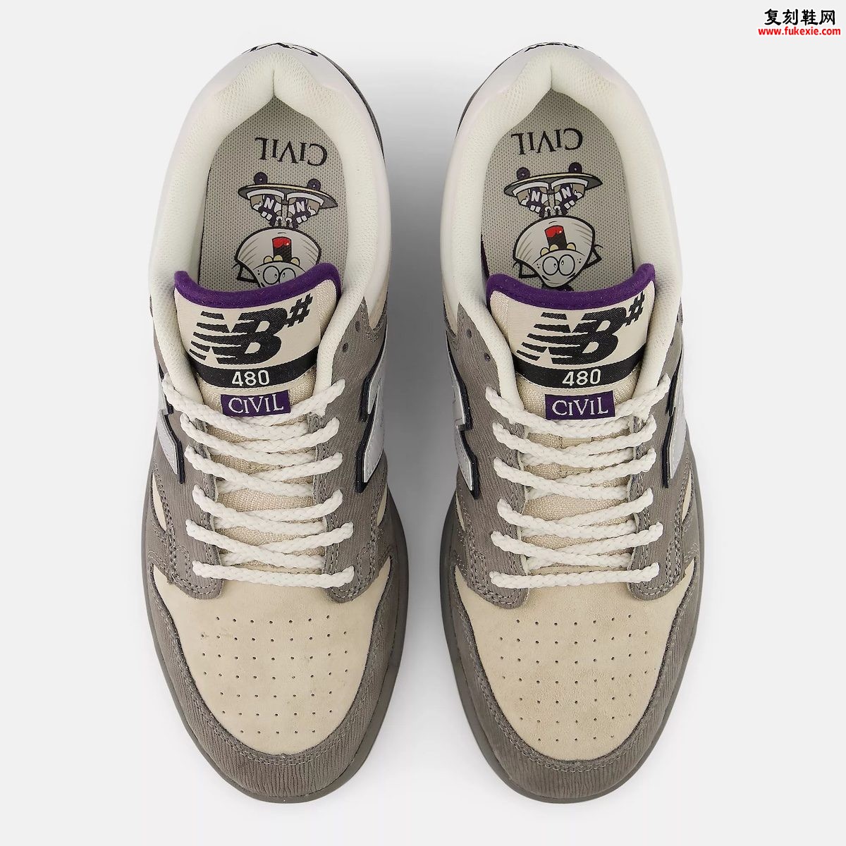 Civil x New Balance Numeric 480蛤蜊灵感滑板鞋灰紫麂皮珍珠细节