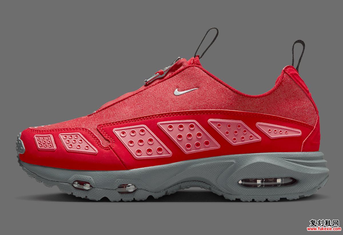 Nike Air Max Sunder Gym Red 侧视图，采用鲜艳的红色牛仔鞋面和灰色中底