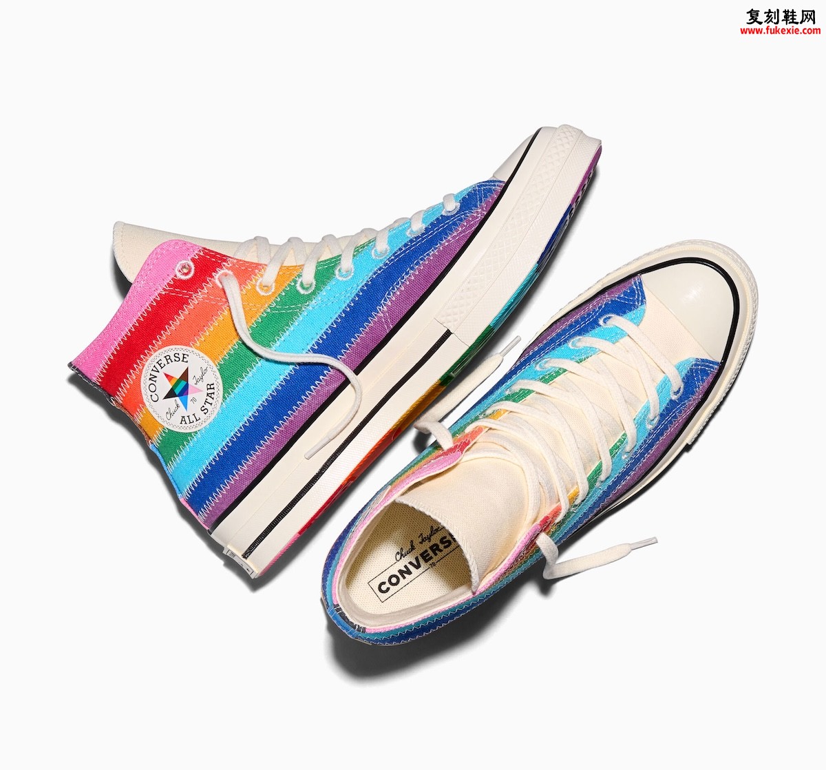 Converse Chuck 70 “Pride Flag” 骄傲月彩虹高帮帆布鞋现已发售，缝制彩虹鞋面，渐变外底，经典鞋型融入进步骄傲旗色彩，致敬多元自我表达
