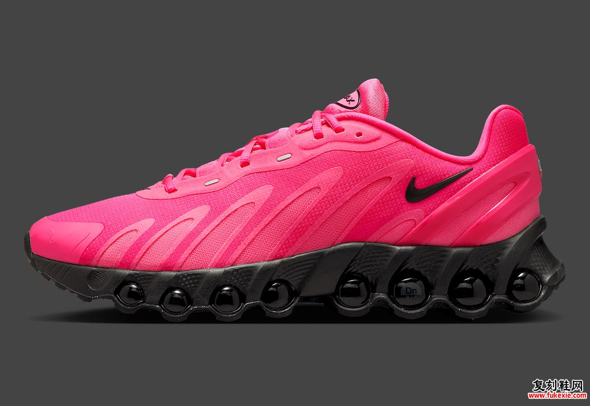 Nike Air Max Dn8 Hyper Pink 侧视图展示其大胆的粉红色网眼鞋面，带有波浪形 TPU 覆层和时尚的黑色 Swoosh 标志