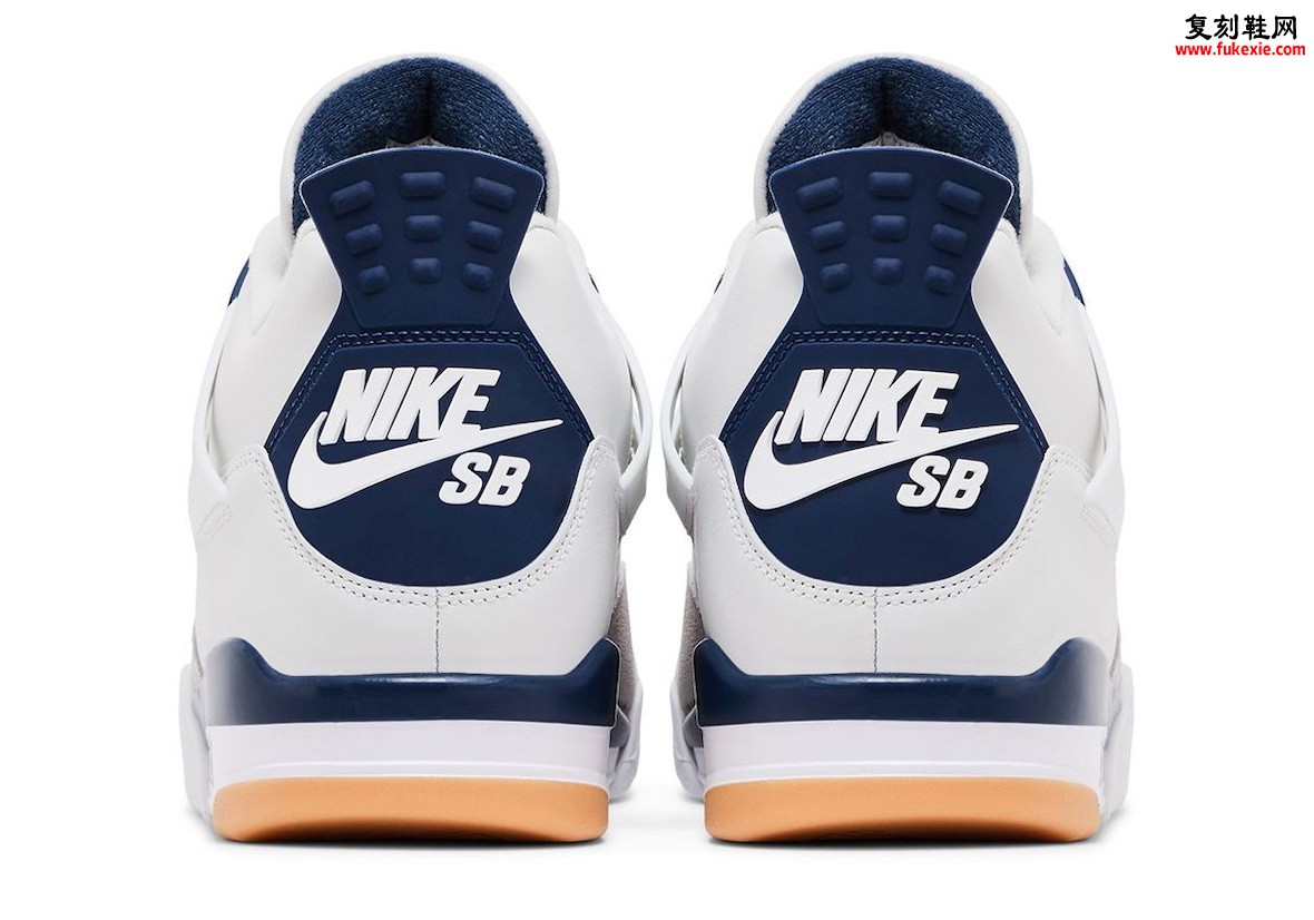 The back of the Nike SB x Air Jordan 4 showcases the bold 'Nike SB' logo in white against a navy heel tab, staying true to its skateboarding influence.