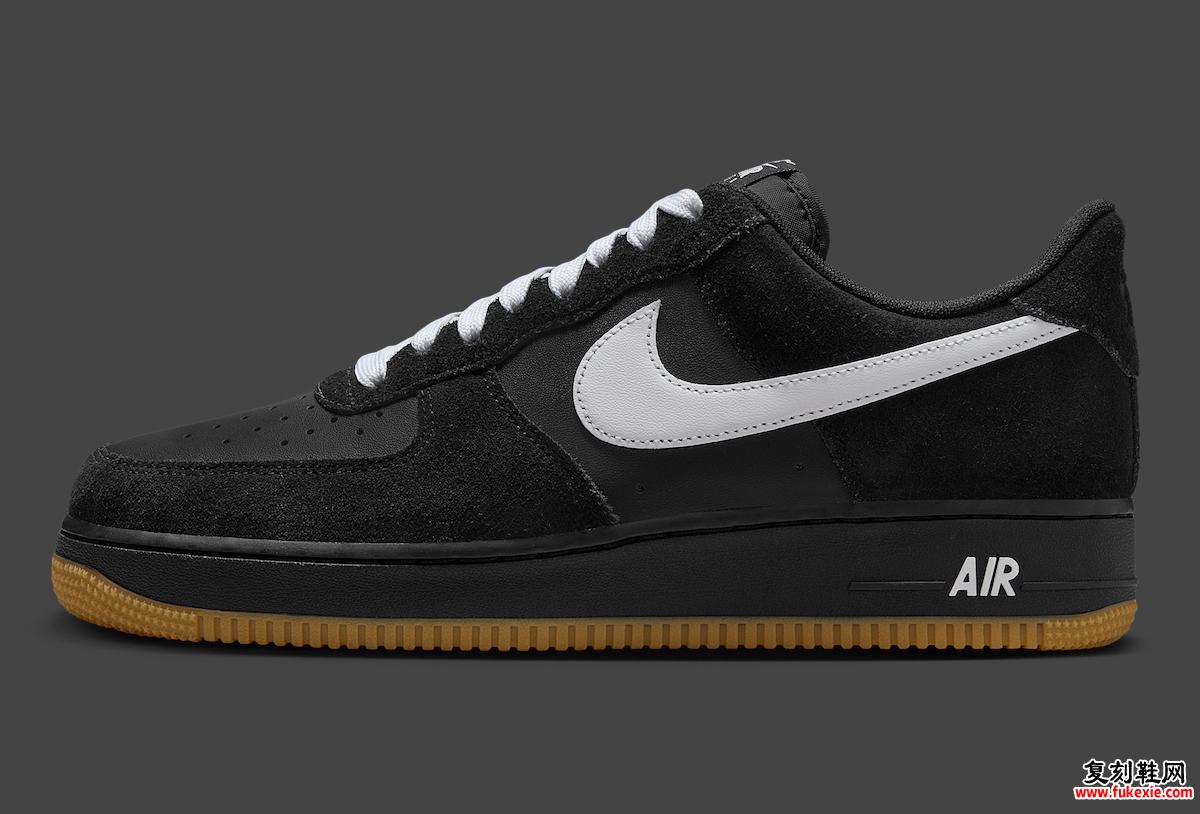 Nike Air Force 1 SK8 Black Gum侧面，黑色皮革和绒面革搭配白色Swoosh