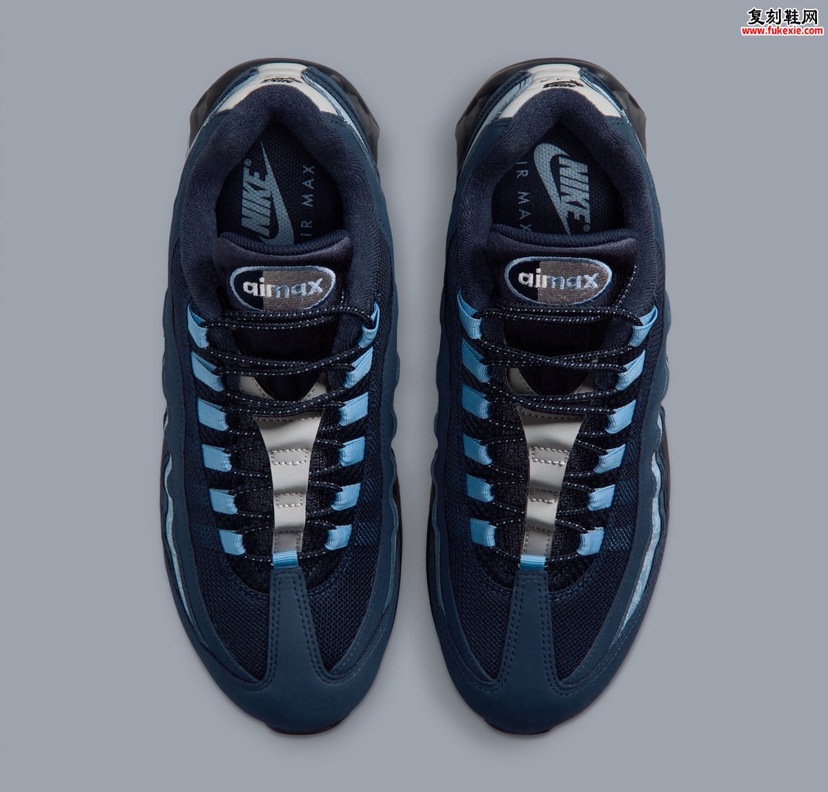 2026夏季Nike Air Max 95 SE Work Blue深蓝色复古跑鞋 素描手绘波浪线条拼接网布皮鞋身浅蓝点缀后跟开窗可视气垫灰色鞋罩