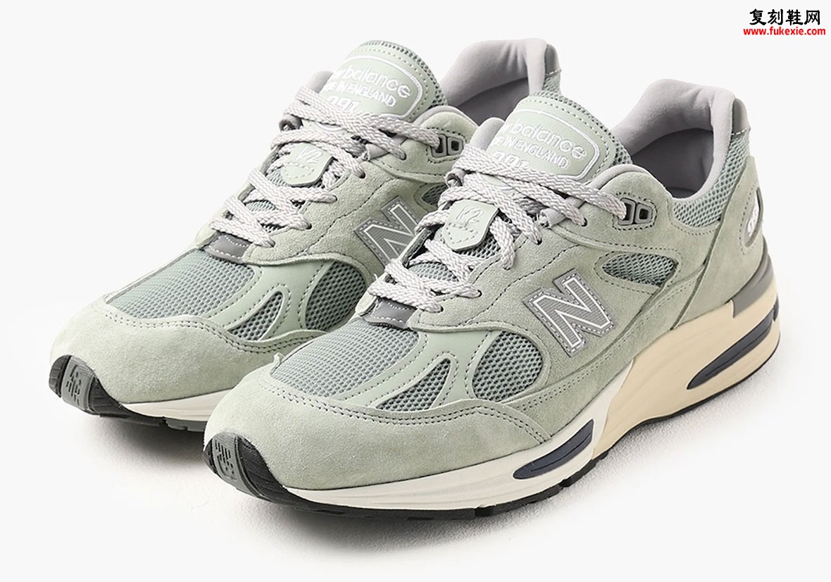 全新英产New Balance 991v2 Sea Glass海玻璃绿麂皮复古跑鞋，柔软浅绿鞋面搭配灰色网眼缩略图