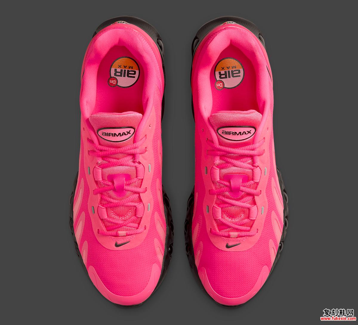 Nike Air Max Dn8 Hyper Pink 自上而下视图，展示带有 Air Max 品牌标识的软垫鞋舌、充满活力的鞋带和反光装饰，提高可见度