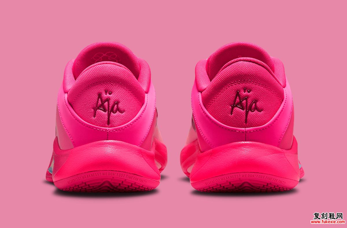 Nike A'One Pink Aura 后视图，鞋跟饰有 A'ja Wilson 的标志