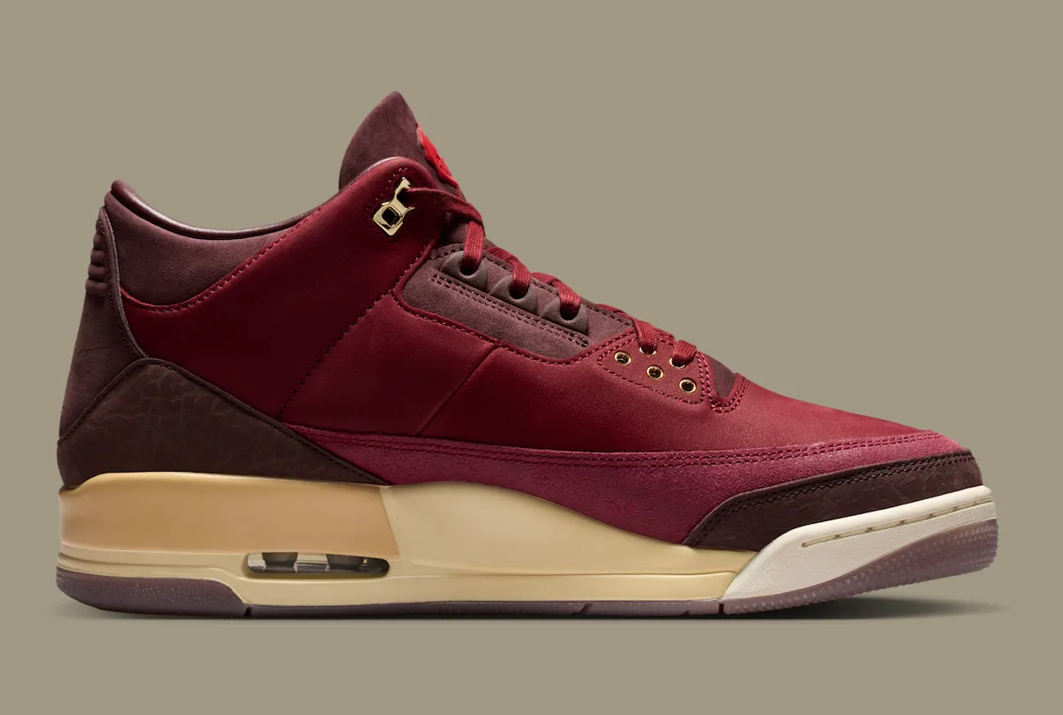 Air Jordan 3 BIN 23 首款酒红麂皮爆裂纹金属金鞋带孔椰奶中底烟熏紫外底独立编号限量2300双