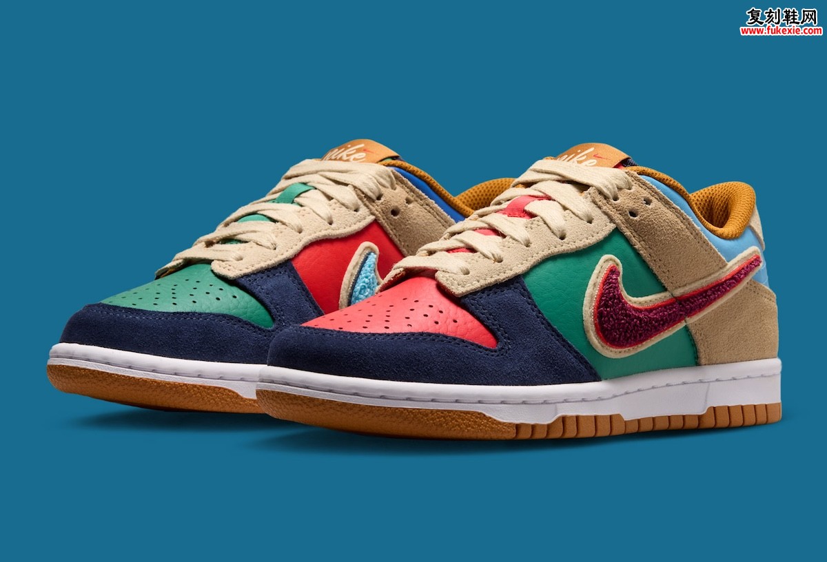 Nike Dunk Low GS Midnight Navy Green Noise 绒面Swoosh 错位配色大童专属 2026 秋季发售缩略图