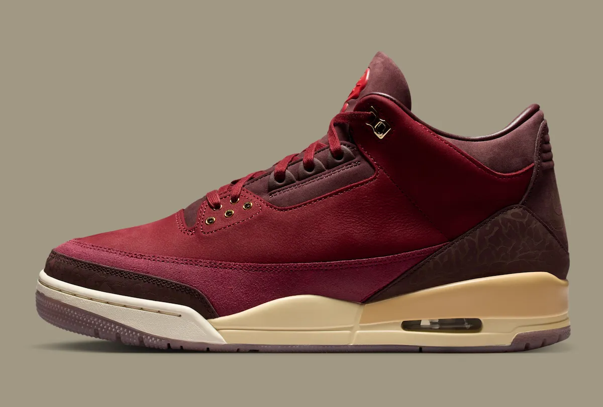Air Jordan 3 BIN 23 首款酒红麂皮爆裂纹金属金鞋带孔椰奶中底烟熏紫外底独立编号限量2300双