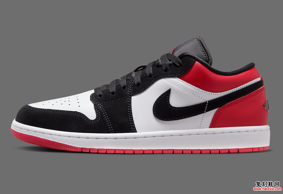 Air Jordan 1 Low Black Toe 侧视图，突出黑色 Swoosh 标志和白色皮革