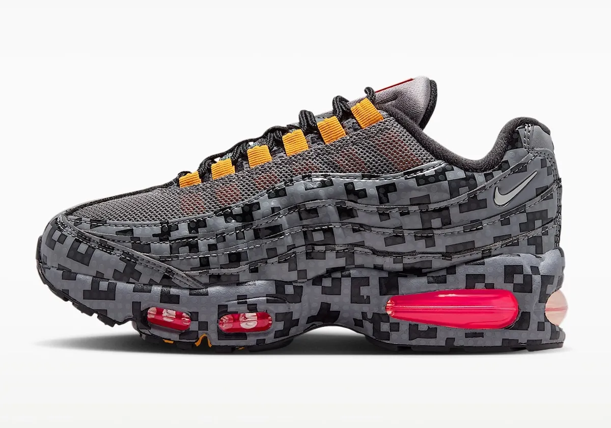LEGO x Nike Air Max 95 “Pixel Brick” 像素积木配色,烟灰鞋身橙色鞋带扣,粉红气垫大底插图1 LEGO x Nike Air Max 95 “Pixel Brick” 像素积木配色,烟灰鞋身橙色鞋带扣,粉红气垫大底