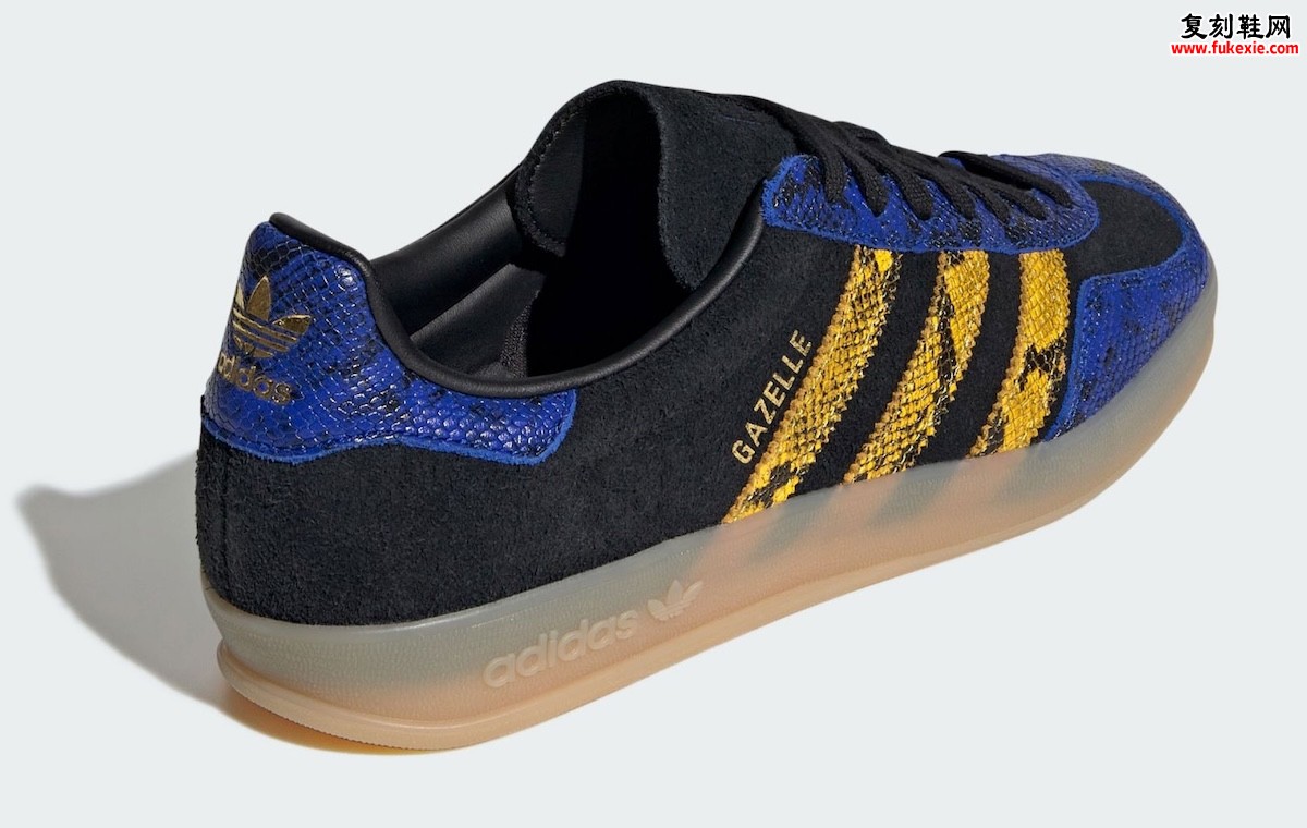 2026夏季Adidas Gazelle Indoor Suede蛇皮黑蓝金配色发售,Terrace复古鞋市场持续升温