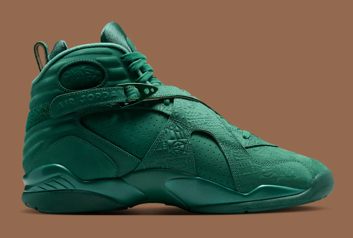 Air Jordan 8 BIN 23奢华全绿曝光，非洲浮雕纹麂皮硬质手提箱包装8月15日发售，定价355美元