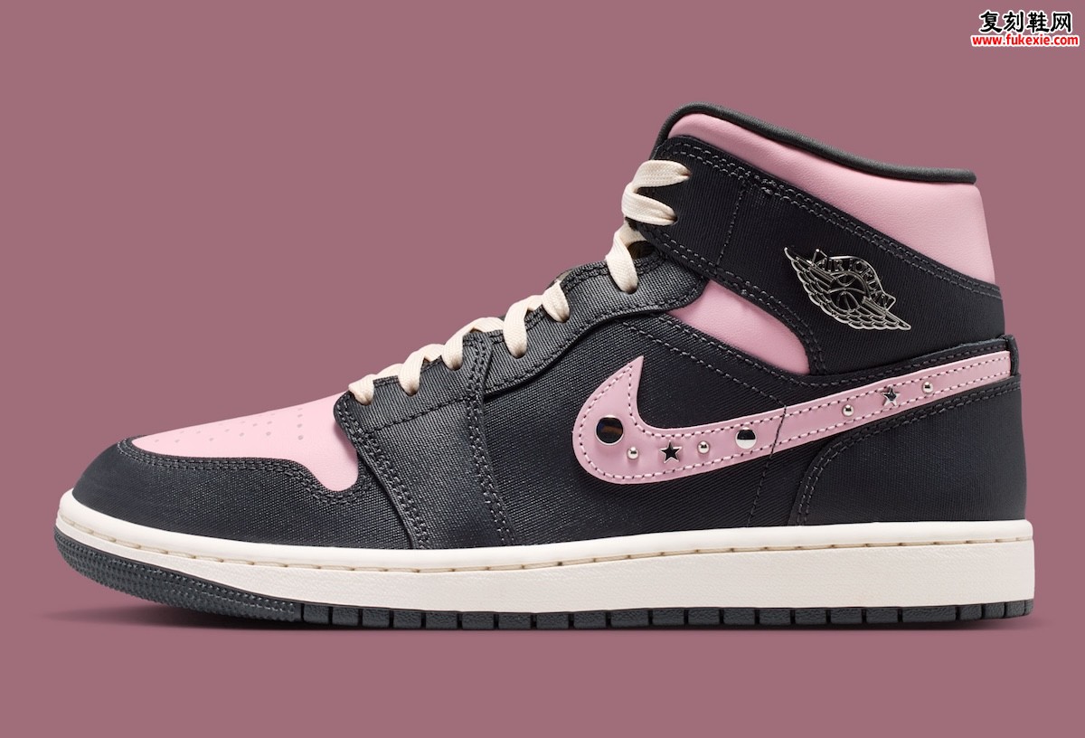 Air Jordan 1 Mid “Anthracite/Iced Carmine” 女款金属铆钉点缀裂纹皮革重塑复古篮球鞋的日常时尚