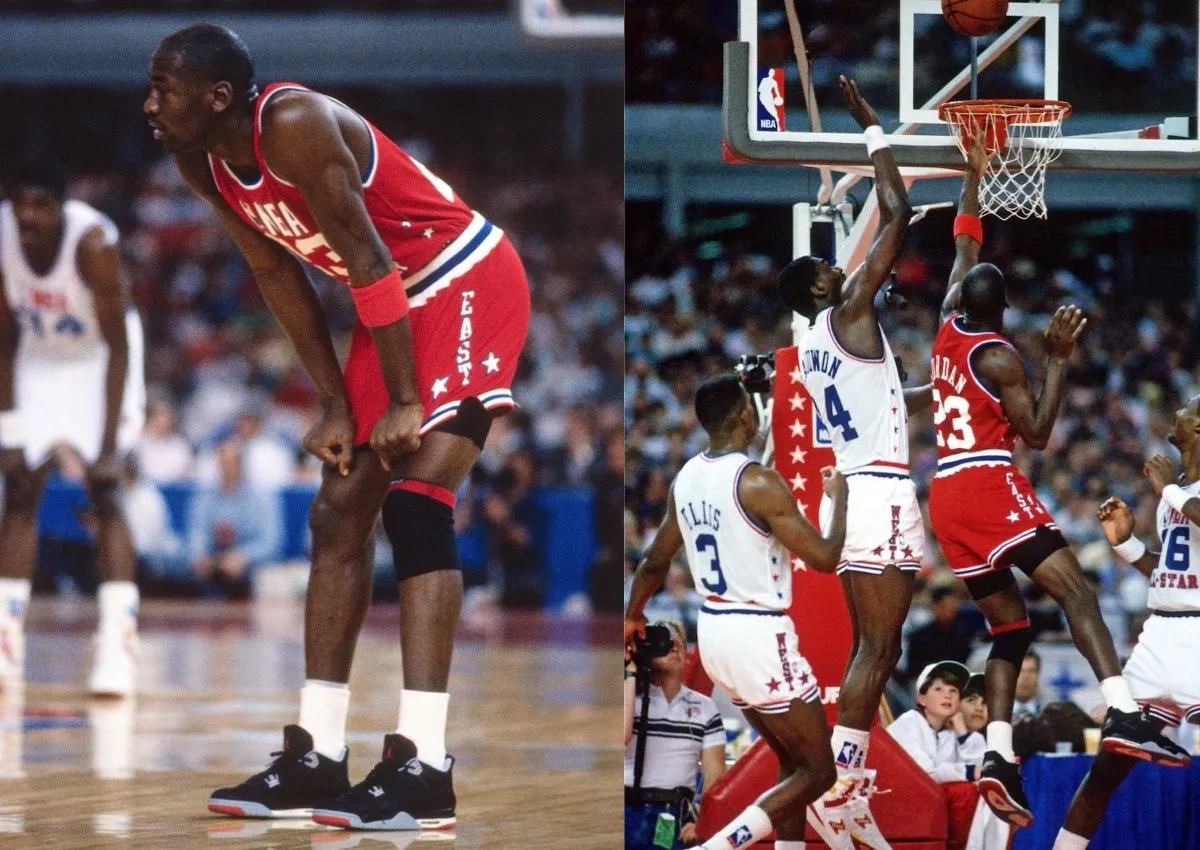 Michael Jordan wearing the Bred Air Jordan 4 during the 1989 NBA All-Star Game, shown in two on-court action shots—one of him resting with hands on knees, and another of him driving to the basket against Western Conference defenders.