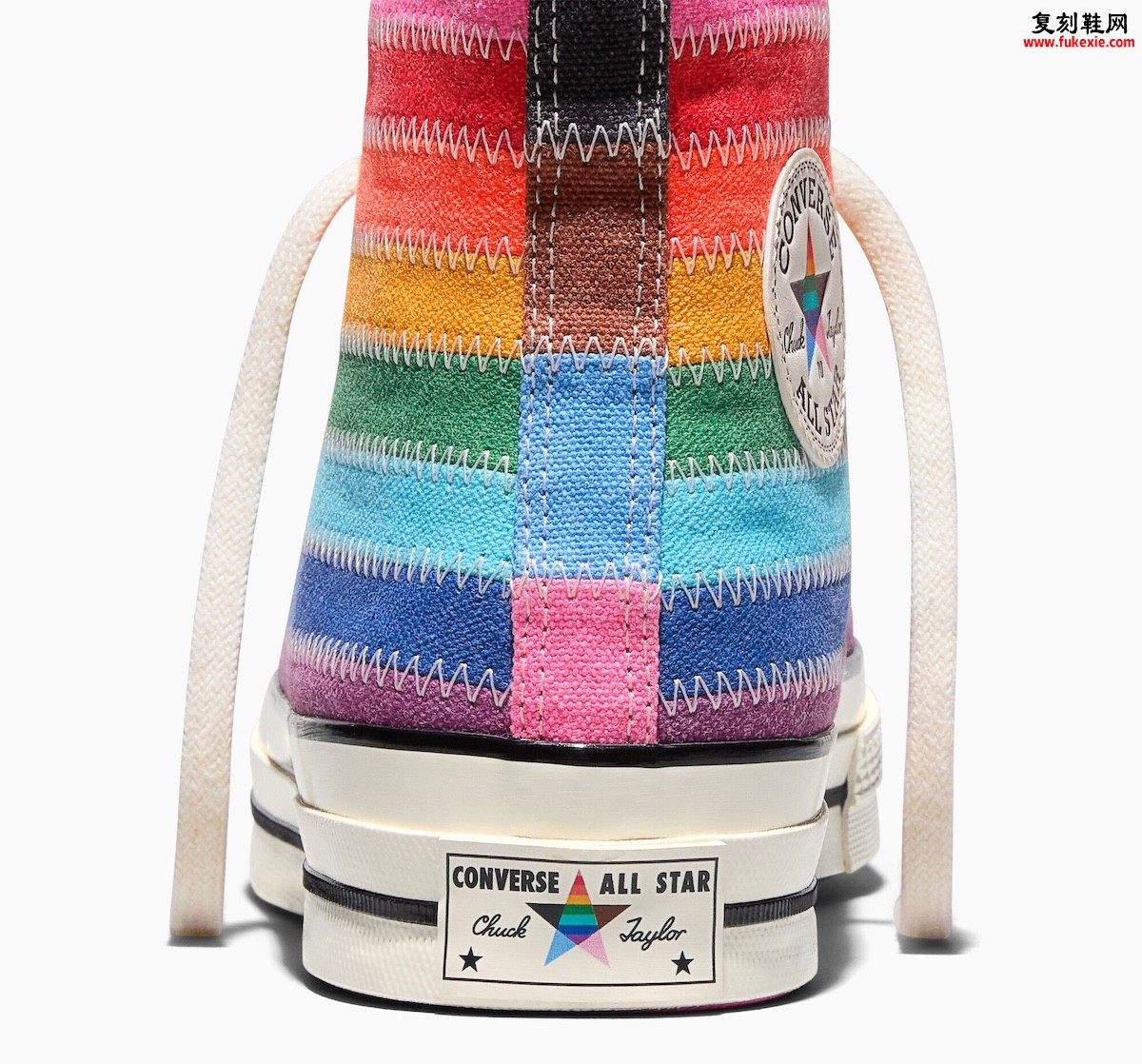 Converse Chuck 70 “Pride Flag” 骄傲月彩虹高帮帆布鞋现已发售，缝制彩虹鞋面，渐变外底，经典鞋型融入进步骄傲旗色彩，致敬多元自我表达
