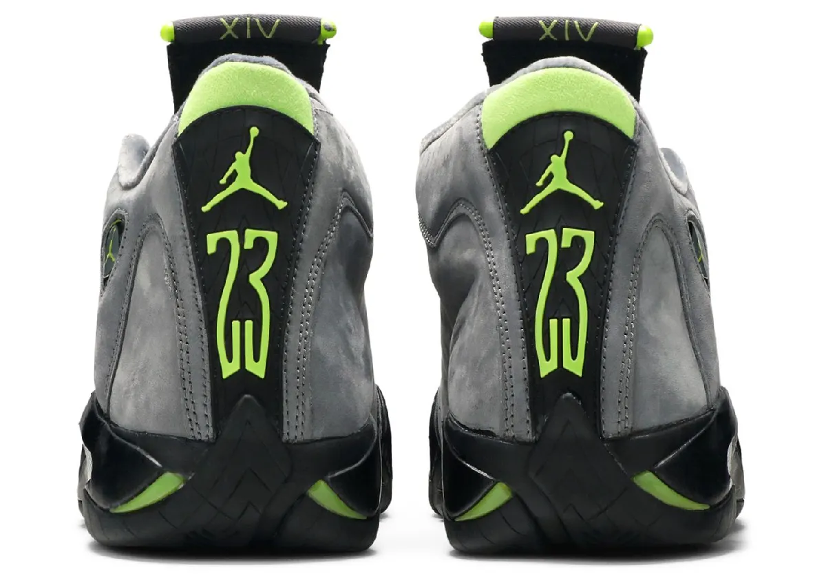 Air Jordan 14 “Chartreuse” 浅石墨灰翻毛皮鞋身搭配荧光绿点缀致敬法拉利设计美学，2027年春季传奇回归