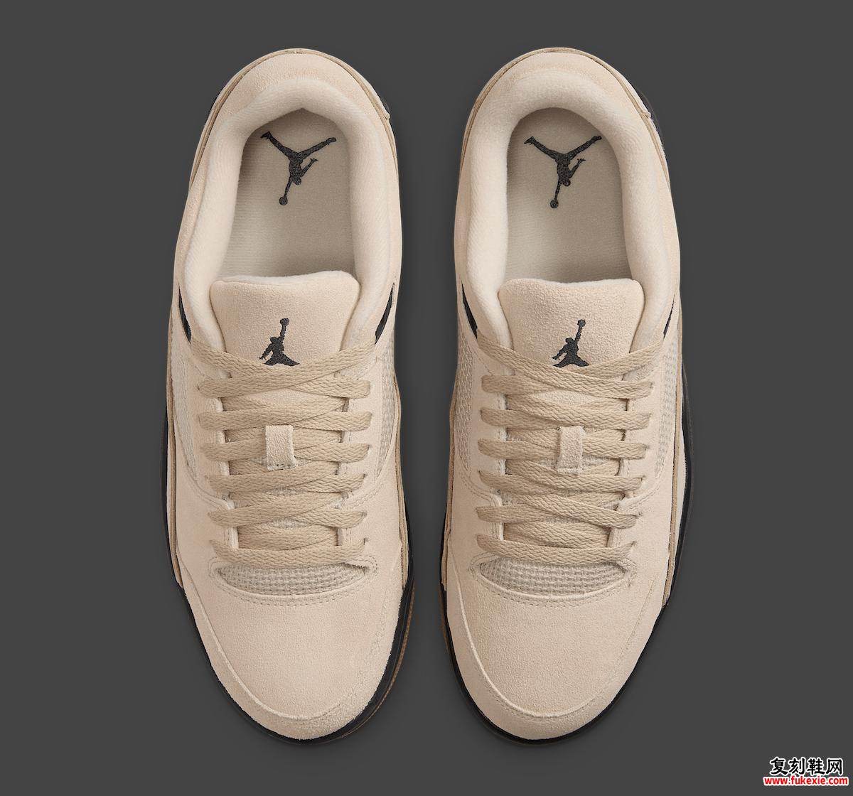 Jordan Flight Court 藤条的俯视图，显示对称的系带和舌头上的 Jumpman 标志。