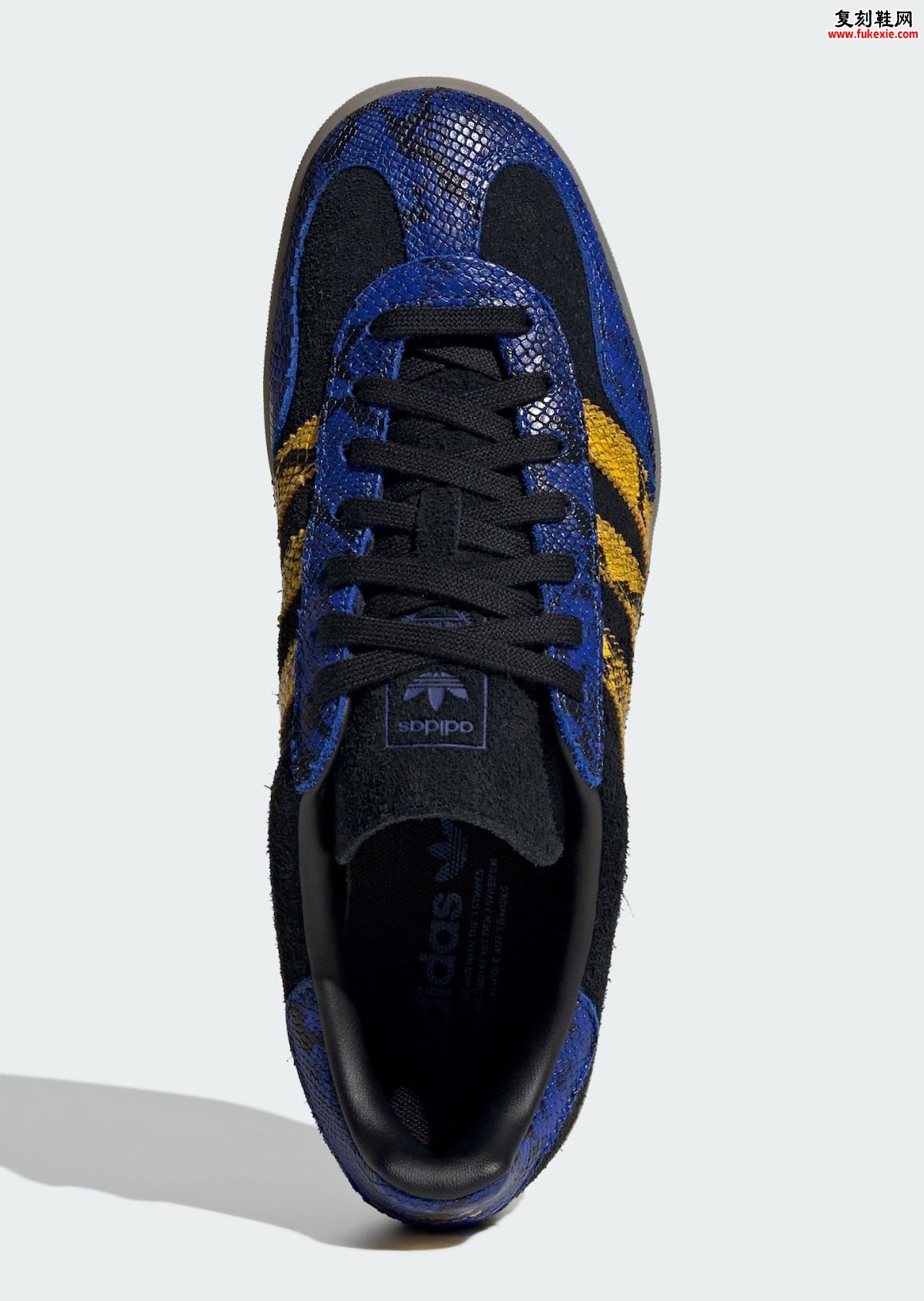 2026夏季Adidas Gazelle Indoor Suede蛇皮黑蓝金配色发售,Terrace复古鞋市场持续升温