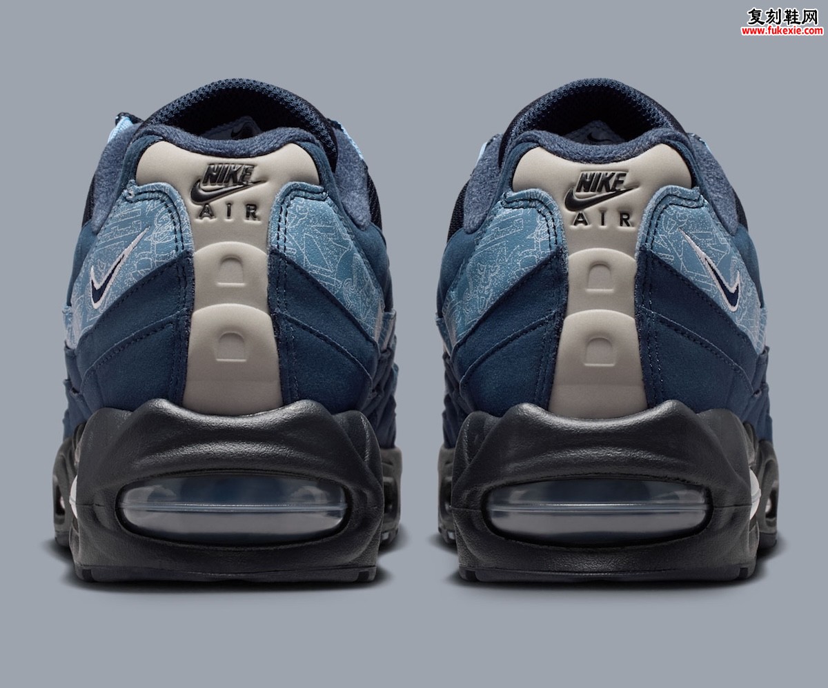 2026夏季Nike Air Max 95 SE Work Blue深蓝色复古跑鞋 素描手绘波浪线条拼接网布皮鞋身浅蓝点缀后跟开窗可视气垫灰色鞋罩