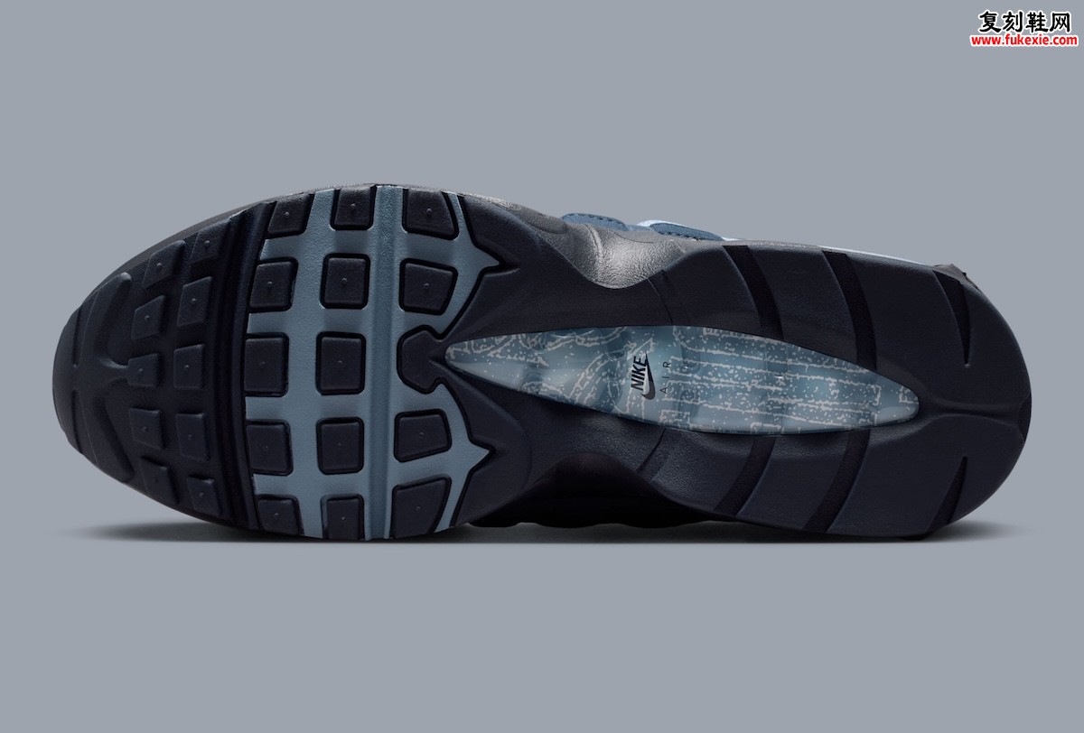 2026夏季Nike Air Max 95 SE Work Blue深蓝色复古跑鞋 素描手绘波浪线条拼接网布皮鞋身浅蓝点缀后跟开窗可视气垫灰色鞋罩