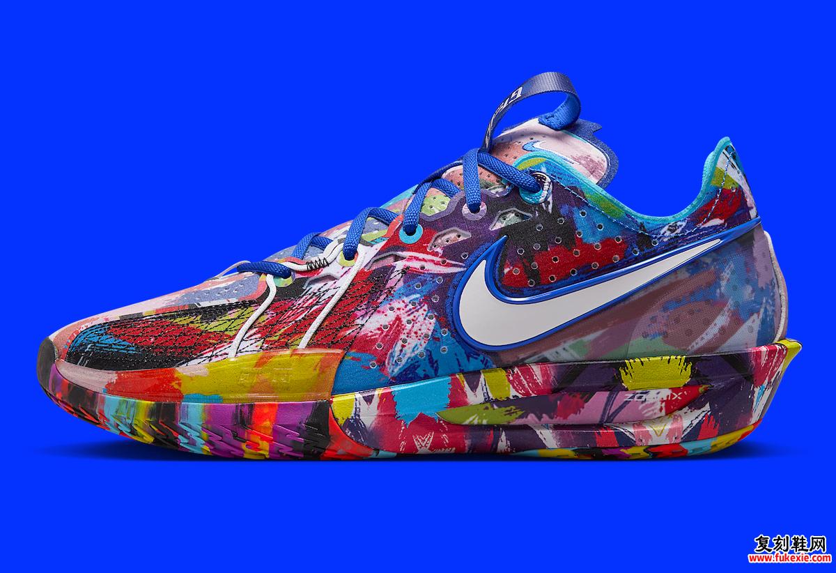 Jewell Loyd x Nike GT Cut 3 PE 的侧视图，带有白色 Swoosh 标志和彩色装饰。