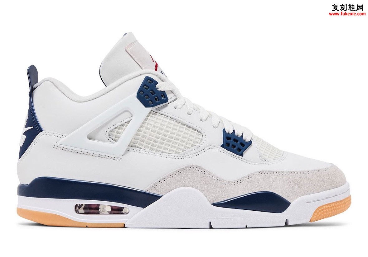 A side view of the Nike SB x Air Jordan 4 'Navy,' highlighting the mesh panels, blue plastic wing eyelets, and signature Air cushioning.