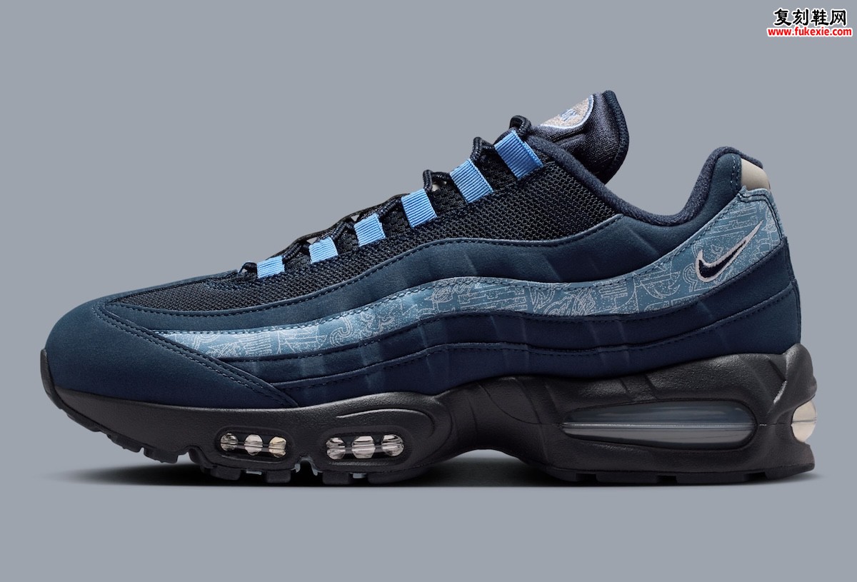 2026夏季Nike Air Max 95 SE Work Blue深蓝色复古跑鞋 素描手绘波浪线条拼接网布皮鞋身浅蓝点缀后跟开窗可视气垫灰色鞋罩