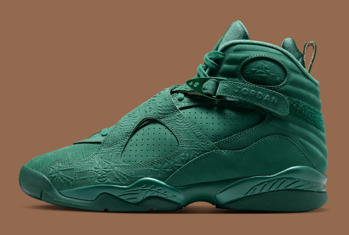 Air Jordan 8 BIN 23奢华全绿曝光，非洲浮雕纹麂皮硬质手提箱包装8月15日发售，定价355美元