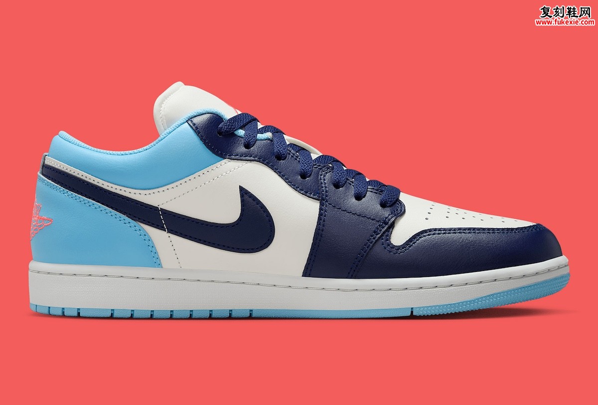 Air Jordan 1 Low Blue Chill夏日清新配色登场：白蓝撞色搭配荧光红标引爆秋日穿搭热潮