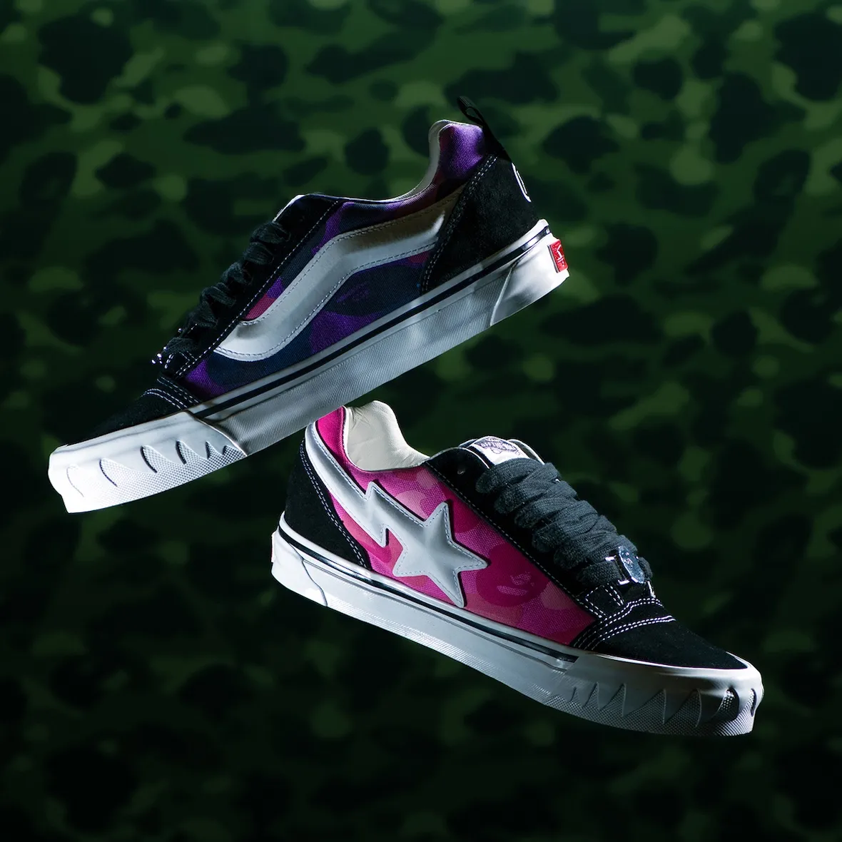 BAPE再度携手Vans,Knu Skool迷彩棋盘格不对称分板双配色复古厚鞋舌面包鞋,2026年7月15日隆重发售插图2 BAPE再度携手Vans,Knu Skool迷彩棋盘格不对称分板双配色复古厚鞋舌面包鞋,2026年7月15日隆重发售