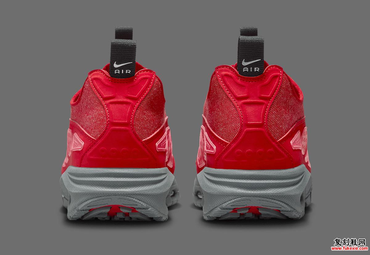 Nike Air Max Sunder Gym Red 后视图，带黑色拉片和 Air 品牌标识