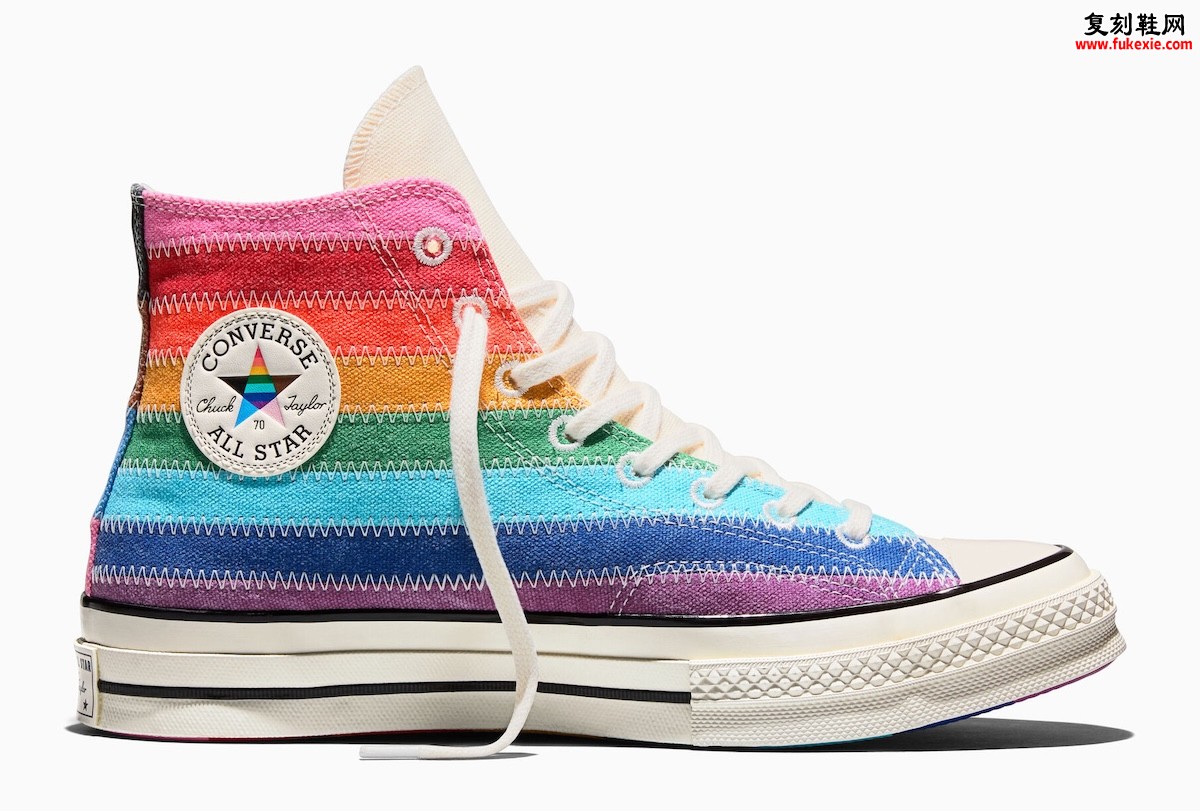 Converse Chuck 70 “Pride Flag” 骄傲月彩虹高帮帆布鞋现已发售，缝制彩虹鞋面，渐变外底，经典鞋型融入进步骄傲旗色彩，致敬多元自我表达