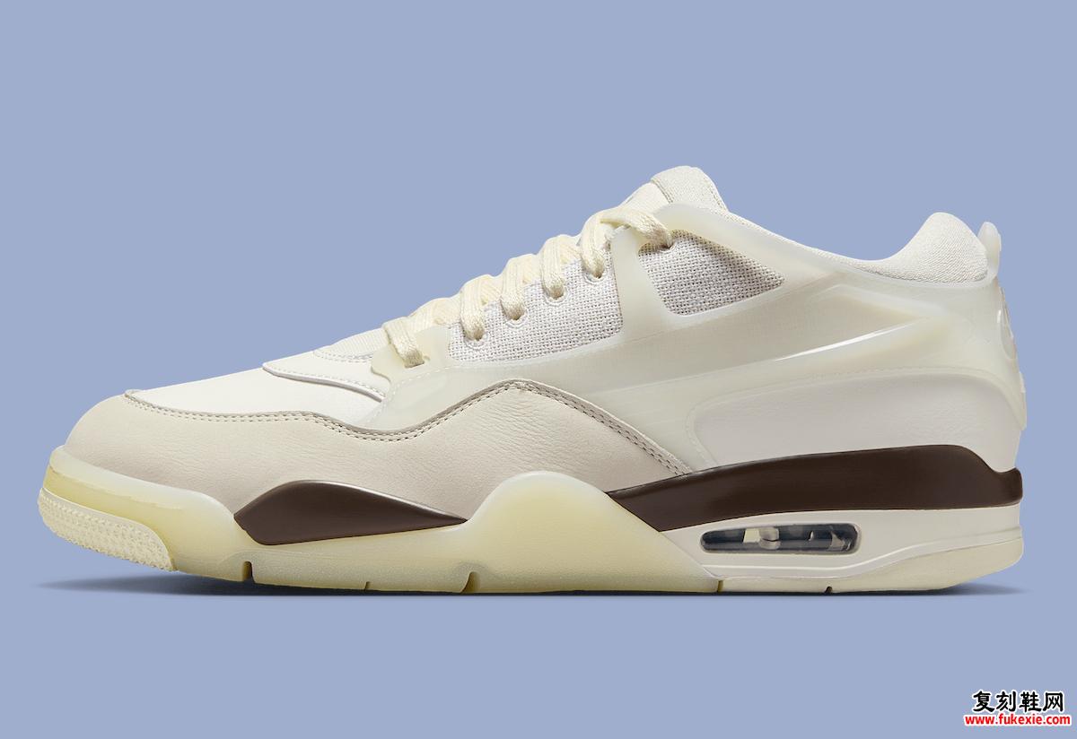 Air Jordan 4 RM “Hemp” 的侧面轮廓，棕色中底和 Sail 鞋面。