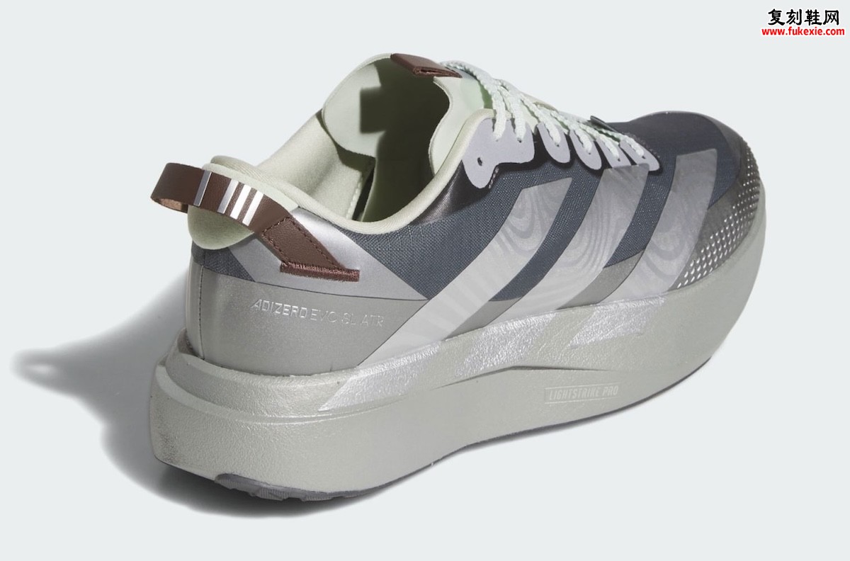 Star Wars x adidas Adizero Evo SL ATR银灰色系5月15日发售170美元，贝斯卡金属光泽防泼水鞋面搭载Lightstrike Pro光速越野跑鞋