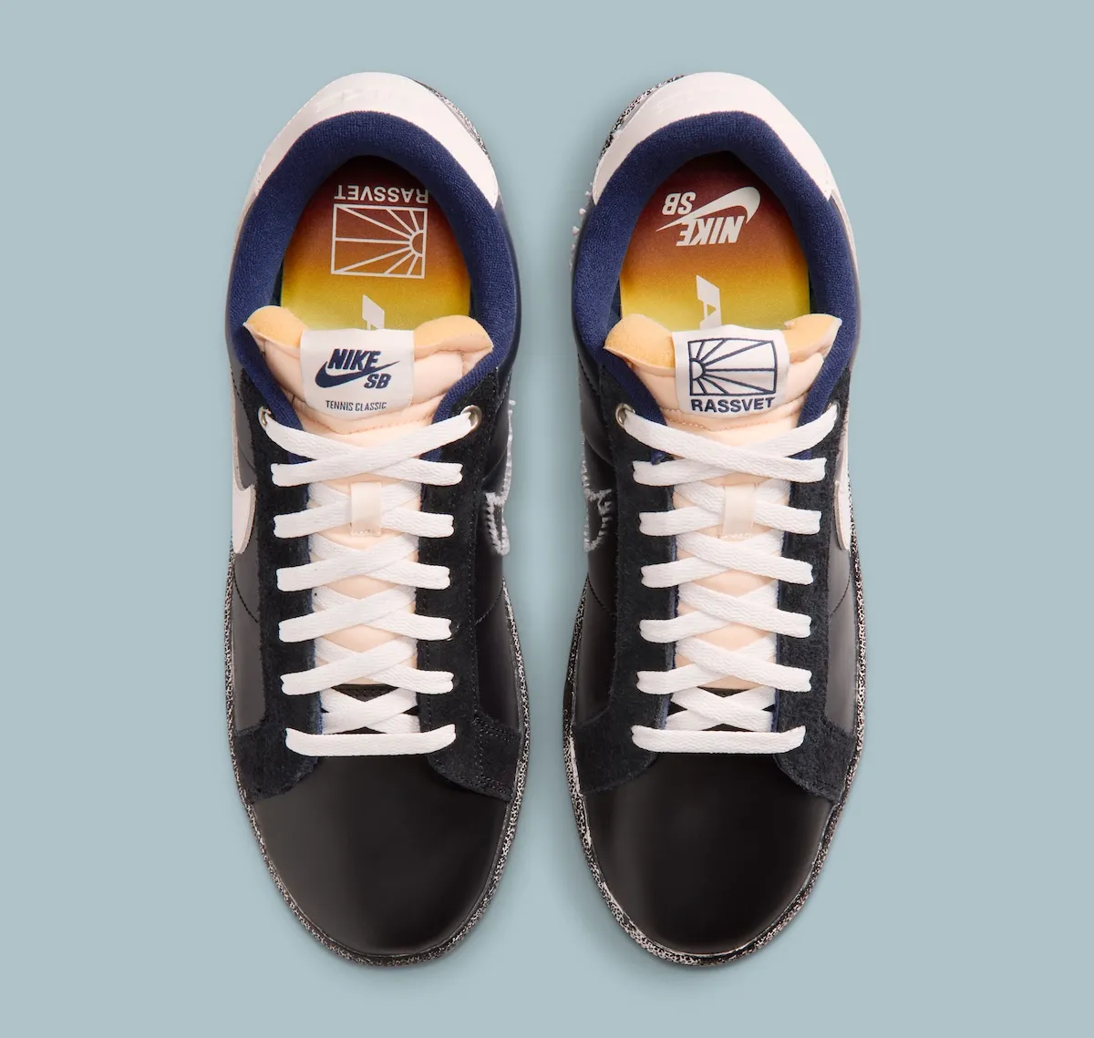 巴黎滑板品牌Rassvet联名Nike SB Tennis Classic，蓝黑简约美学搭配做旧中底