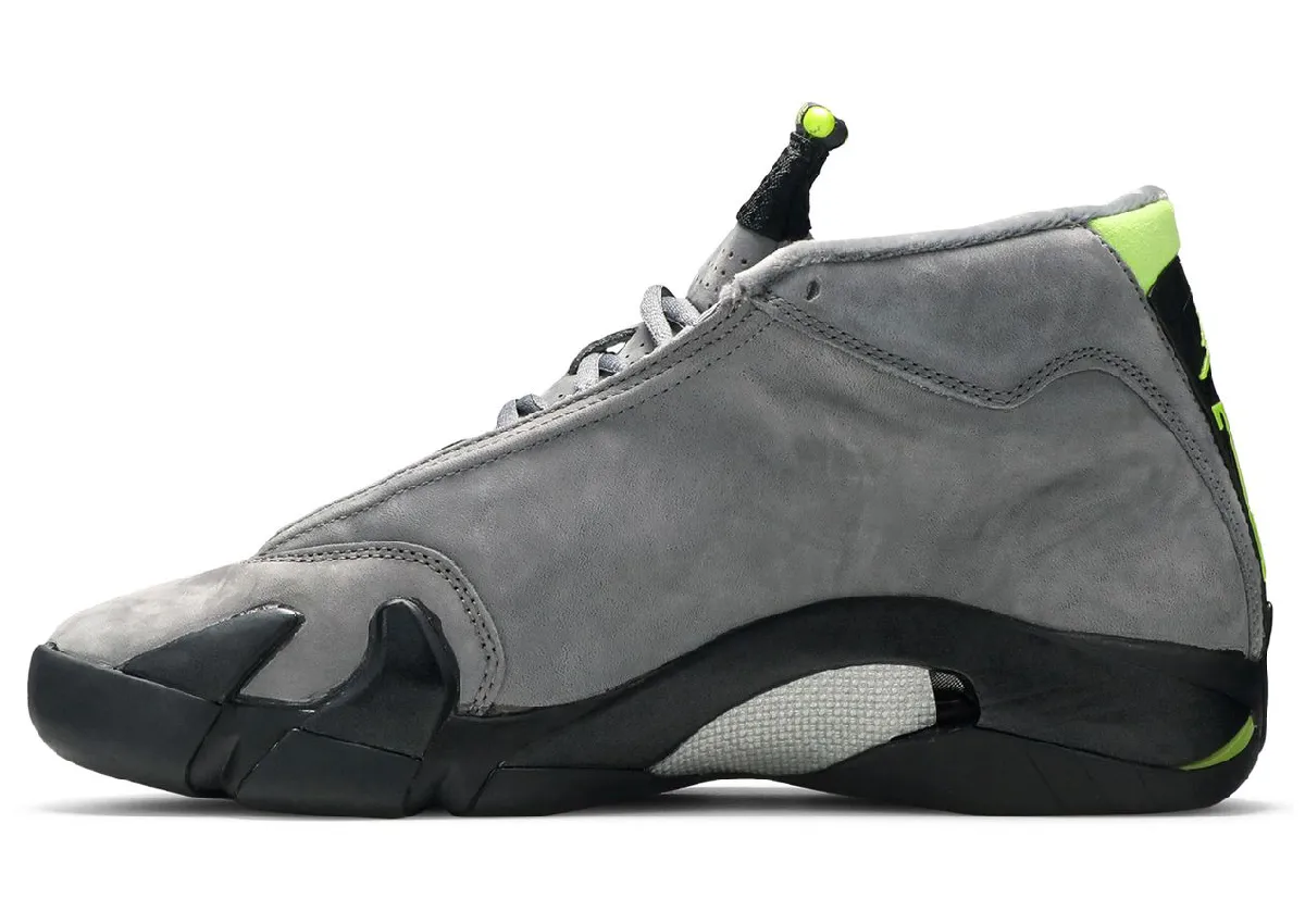 Air Jordan 14 “Chartreuse” 浅石墨灰翻毛皮鞋身搭配荧光绿点缀致敬法拉利设计美学，2027年春季传奇回归