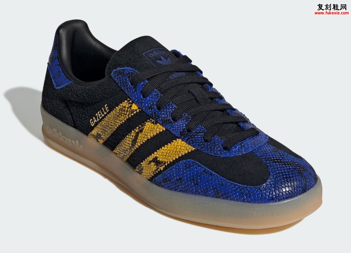 2026夏季Adidas Gazelle Indoor Suede蛇皮黑蓝金配色发售,Terrace复古鞋市场持续升温