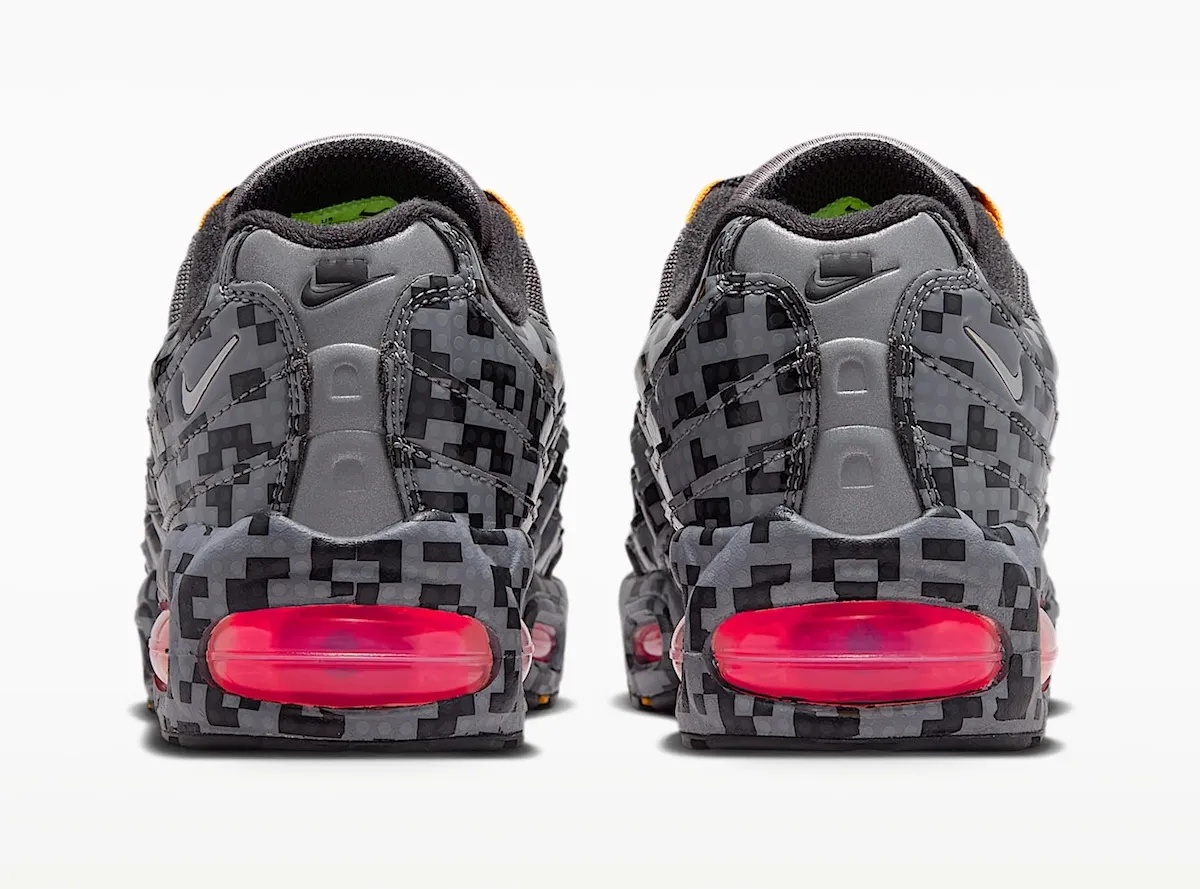 LEGO x Nike Air Max 95 “Pixel Brick” 像素积木配色,烟灰鞋身橙色鞋带扣,粉红气垫大底插图4 LEGO x Nike Air Max 95 “Pixel Brick” 像素积木配色,烟灰鞋身橙色鞋带扣,粉红气垫大底