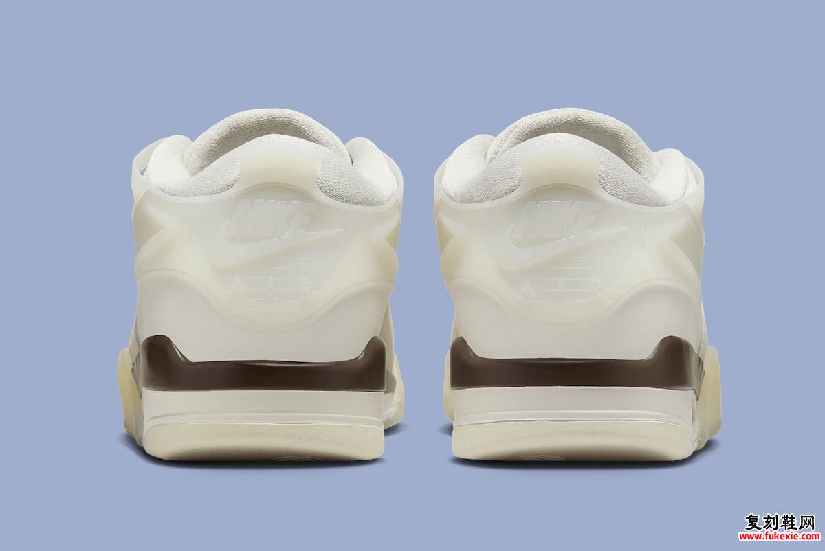 Air Jordan 4 RM “Hemp” 的后角，半透明后跟支撑和 Nike Air 品牌标识。