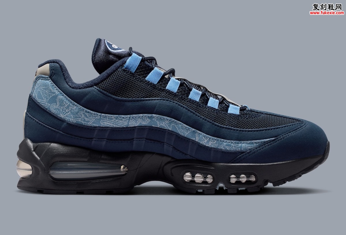 2026夏季Nike Air Max 95 SE Work Blue深蓝色复古跑鞋 素描手绘波浪线条拼接网布皮鞋身浅蓝点缀后跟开窗可视气垫灰色鞋罩