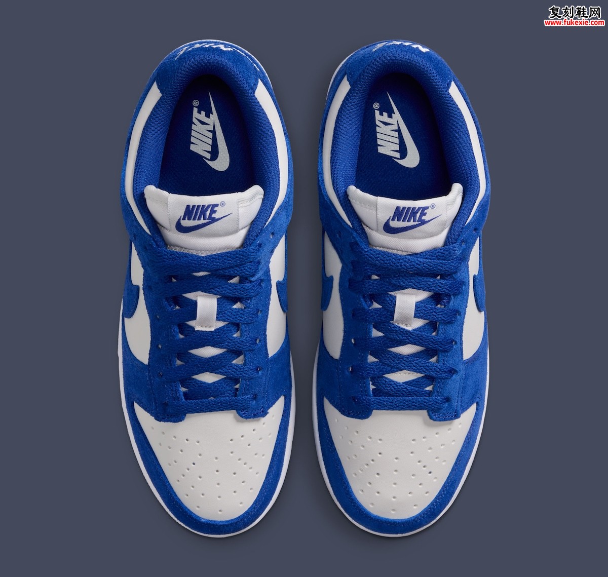 Nike Dunk Low Old Royal 皇家蓝麂皮复古老花配色，光子灰皮革基底搭配金属银Swoosh吊坠