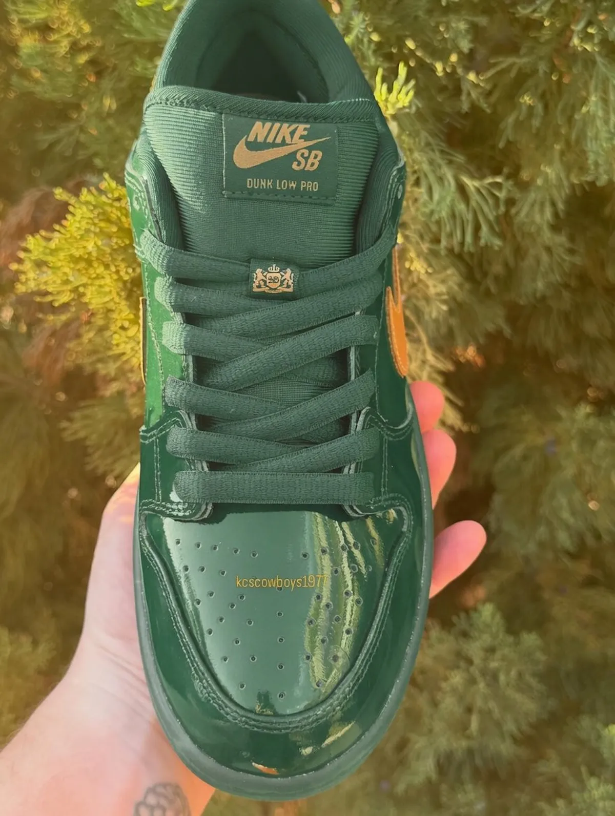 Nike SB Dunk Low Goes Full “Green Patent” 云杉绿漆皮金钩首曝!假日季登场,舌标狮子皇冠刺绣致敬勒布朗高中母校