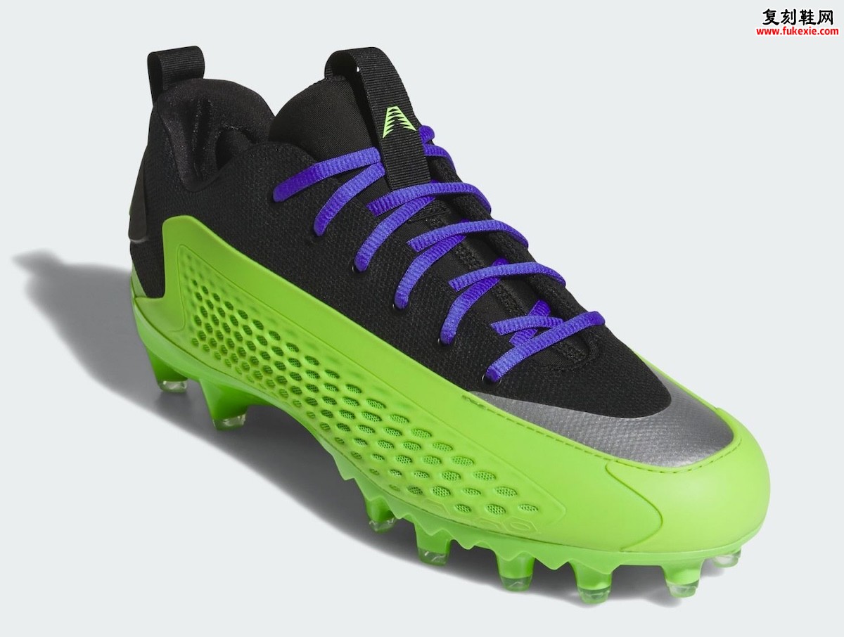 安东尼·爱德华兹首款签名橄榄球钉鞋，adidas AE 1 Low Cleat 亚特兰大维京人黑绿紫配色